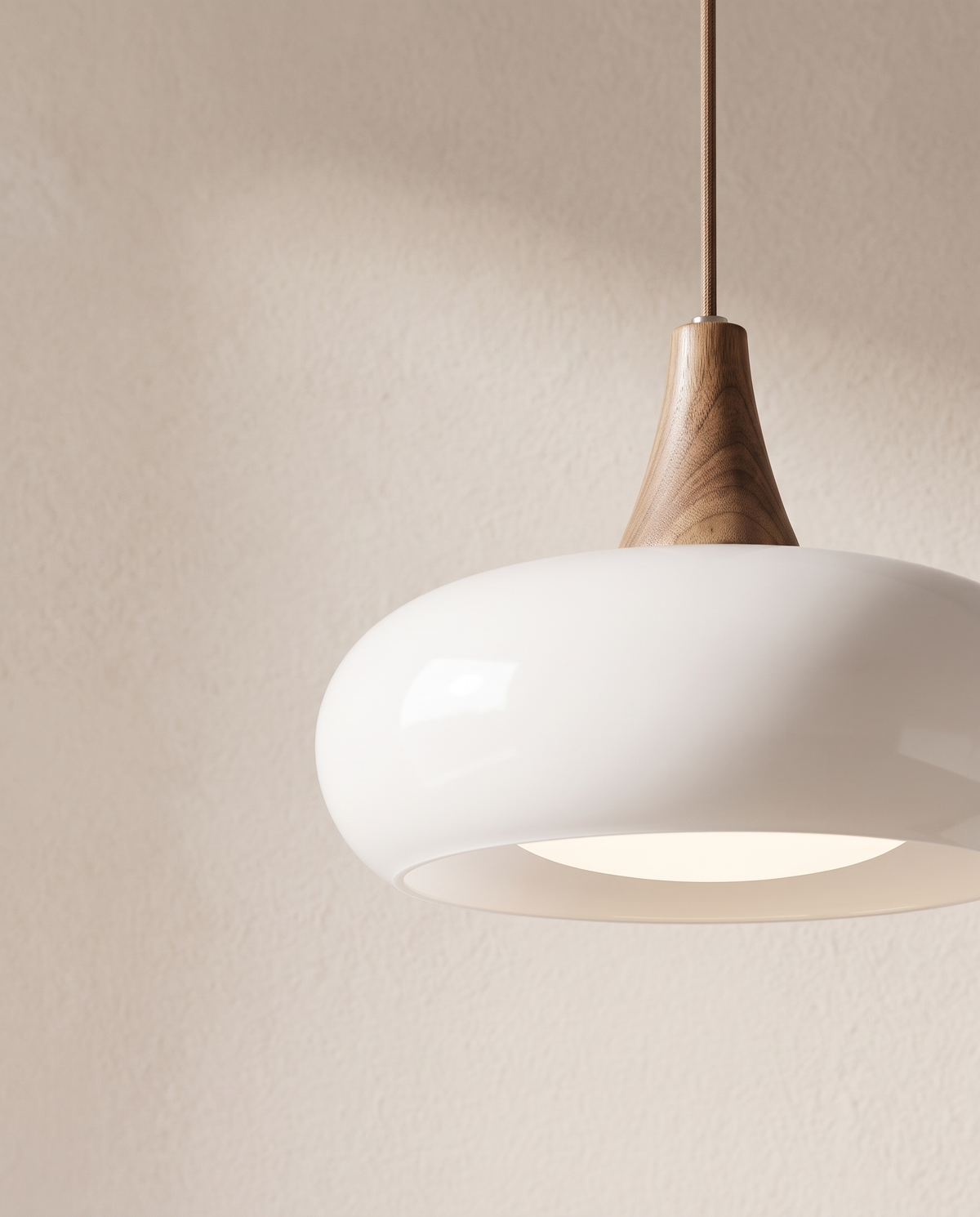 The Grove, close-up of wood cap and white glass shade texture — Selden Home product photography
