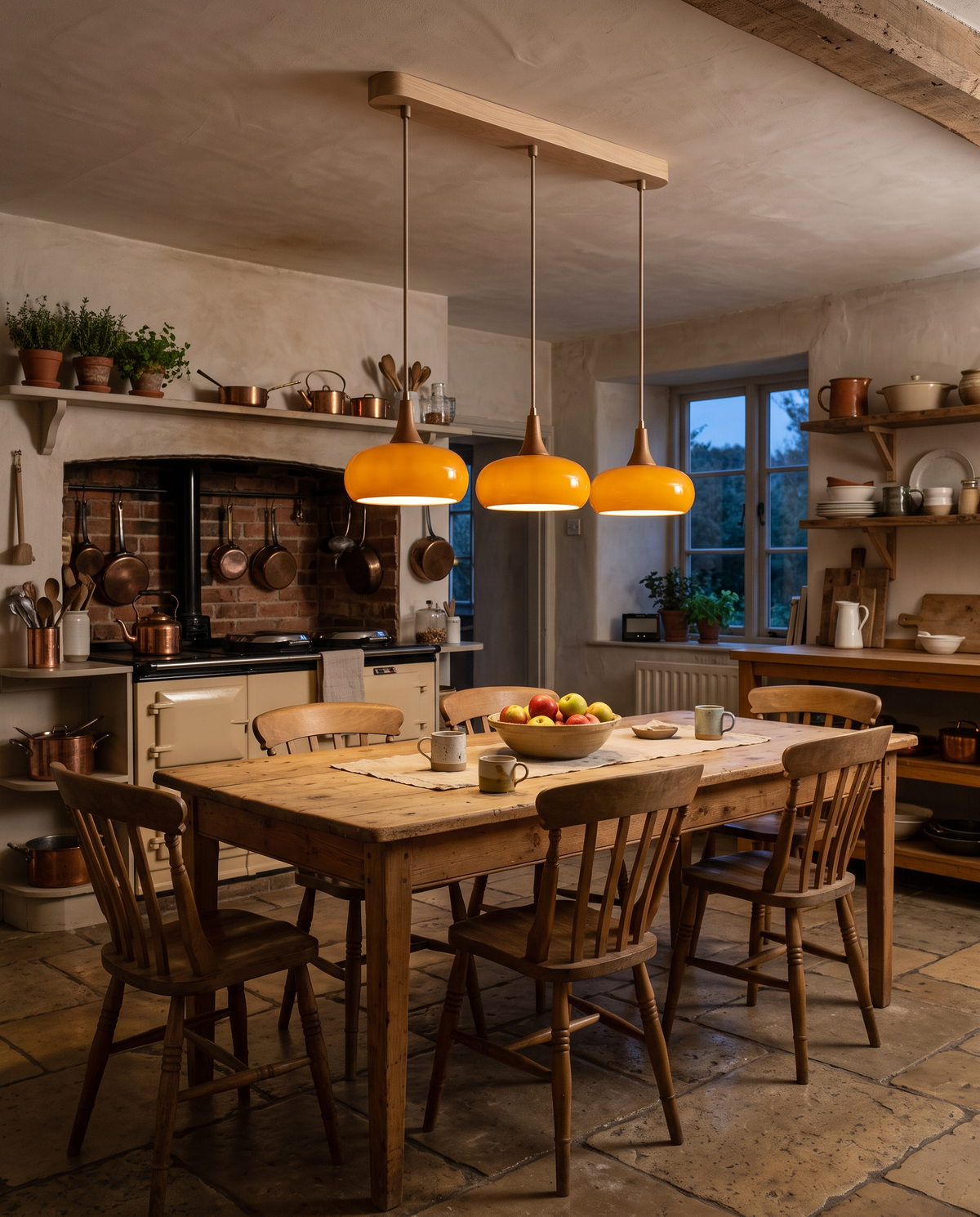 The Grove three-head pendant in amber glass over a pine table in a farmhouse kitchen