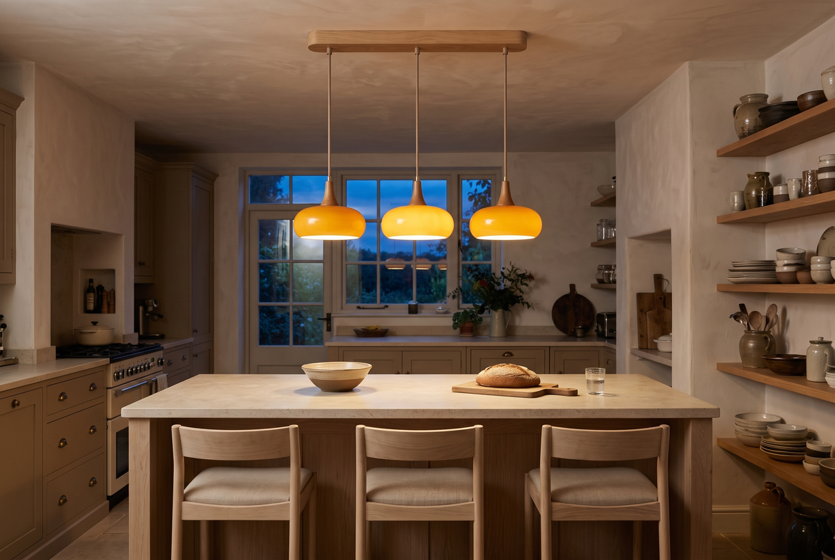 The Grove three-head pendant in amber glass over a pale oak kitchen island