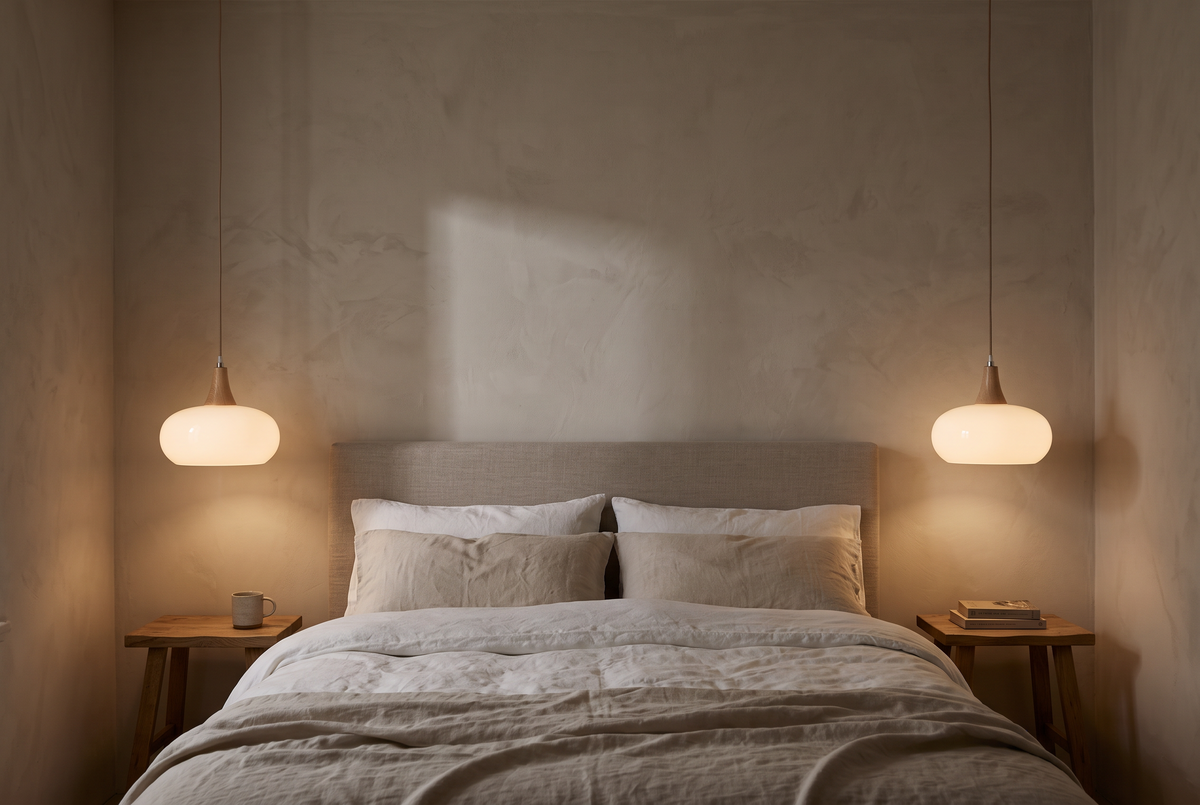 Two Grove pendants in white glass hanging either side of a bed