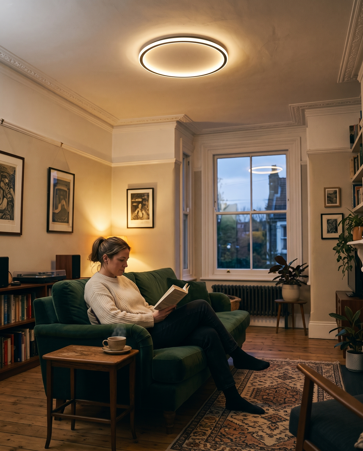 A woman reading on a green velvet sofa under The Hoop
