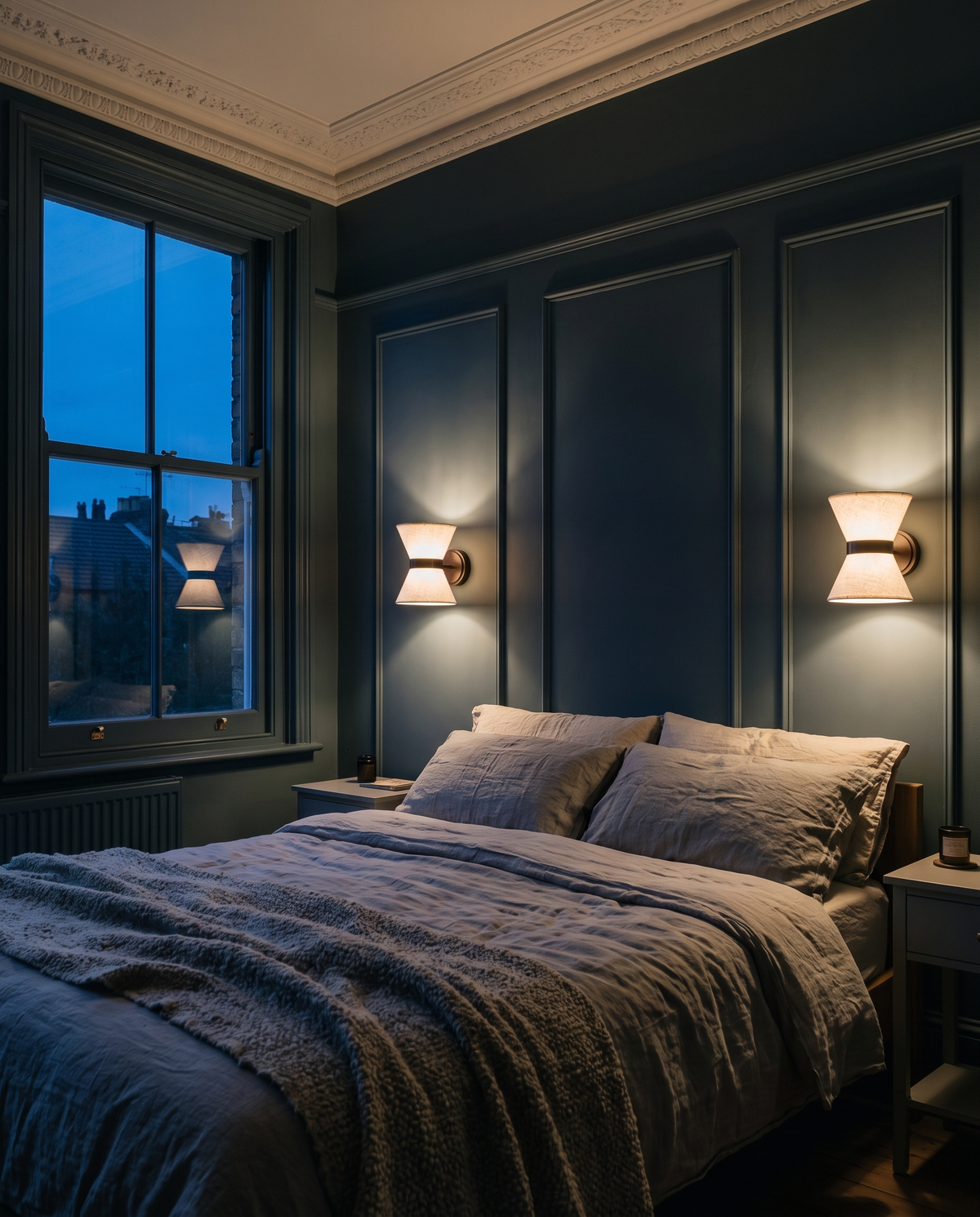 A pair of Hourglass wall lights in a bedroom at dusk