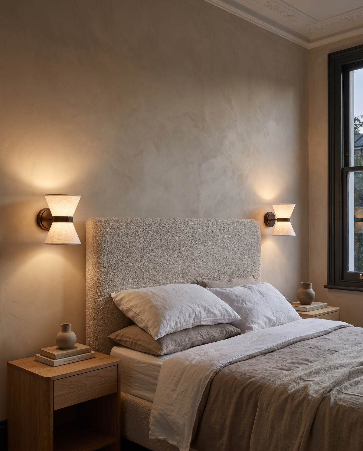 A pair of Hourglass wall lights either side of a boucle headboard