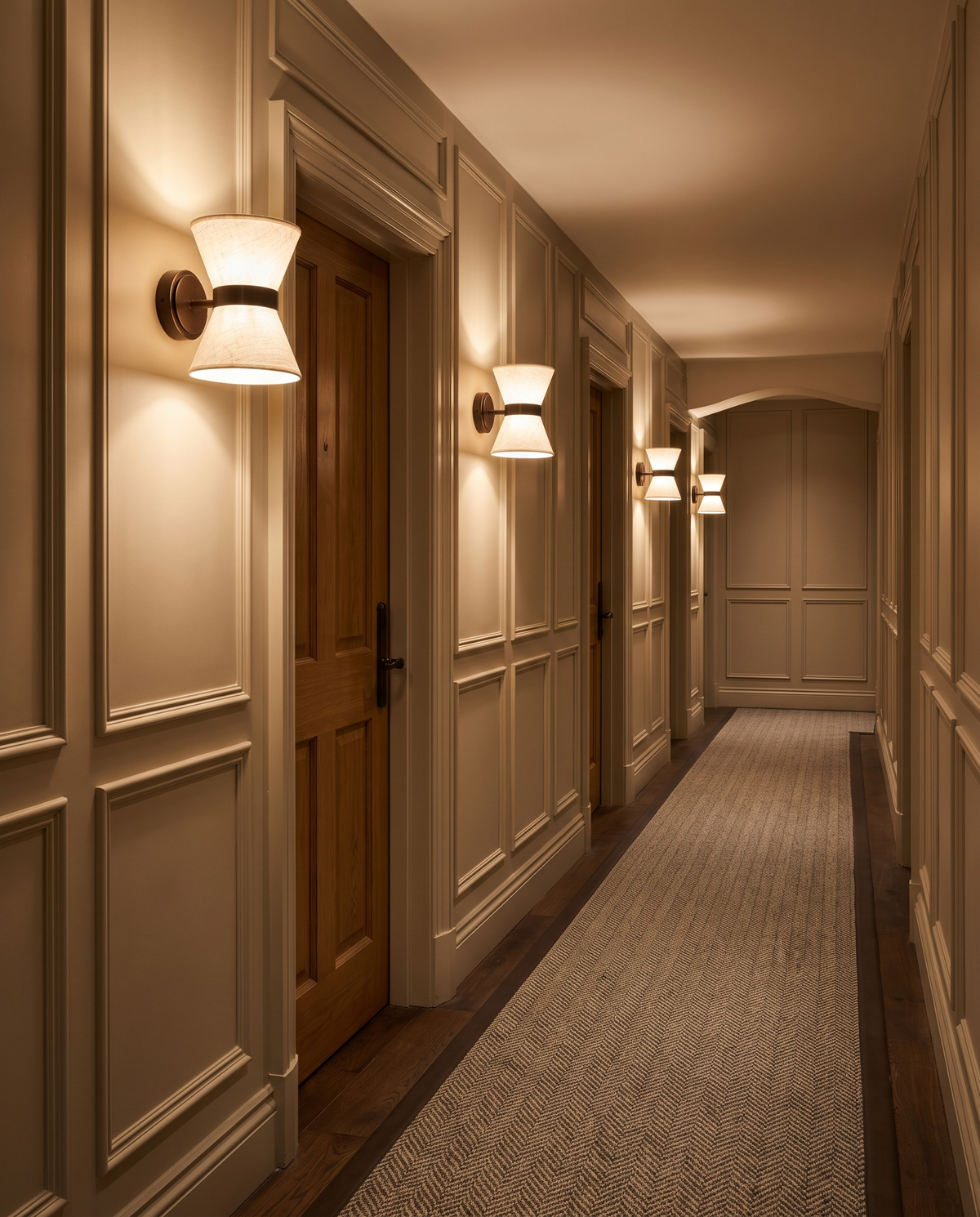 A row of Hourglass wall lights along a hotel corridor