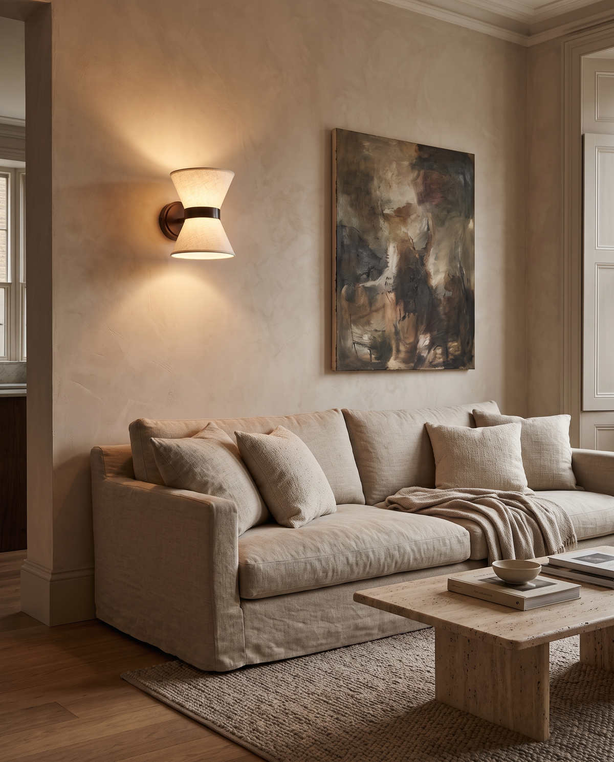 The Hourglass beside a linen sofa in a London living room