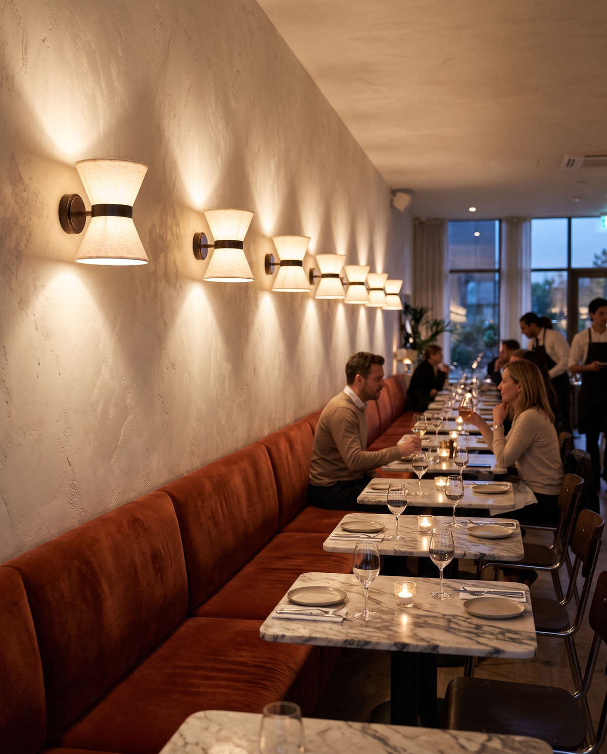 A row of Hourglass wall lights above a velvet banquette in a restaurant