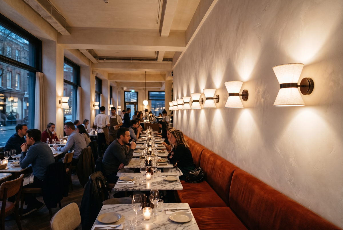 Hourglass wall lights along a restaurant banquette