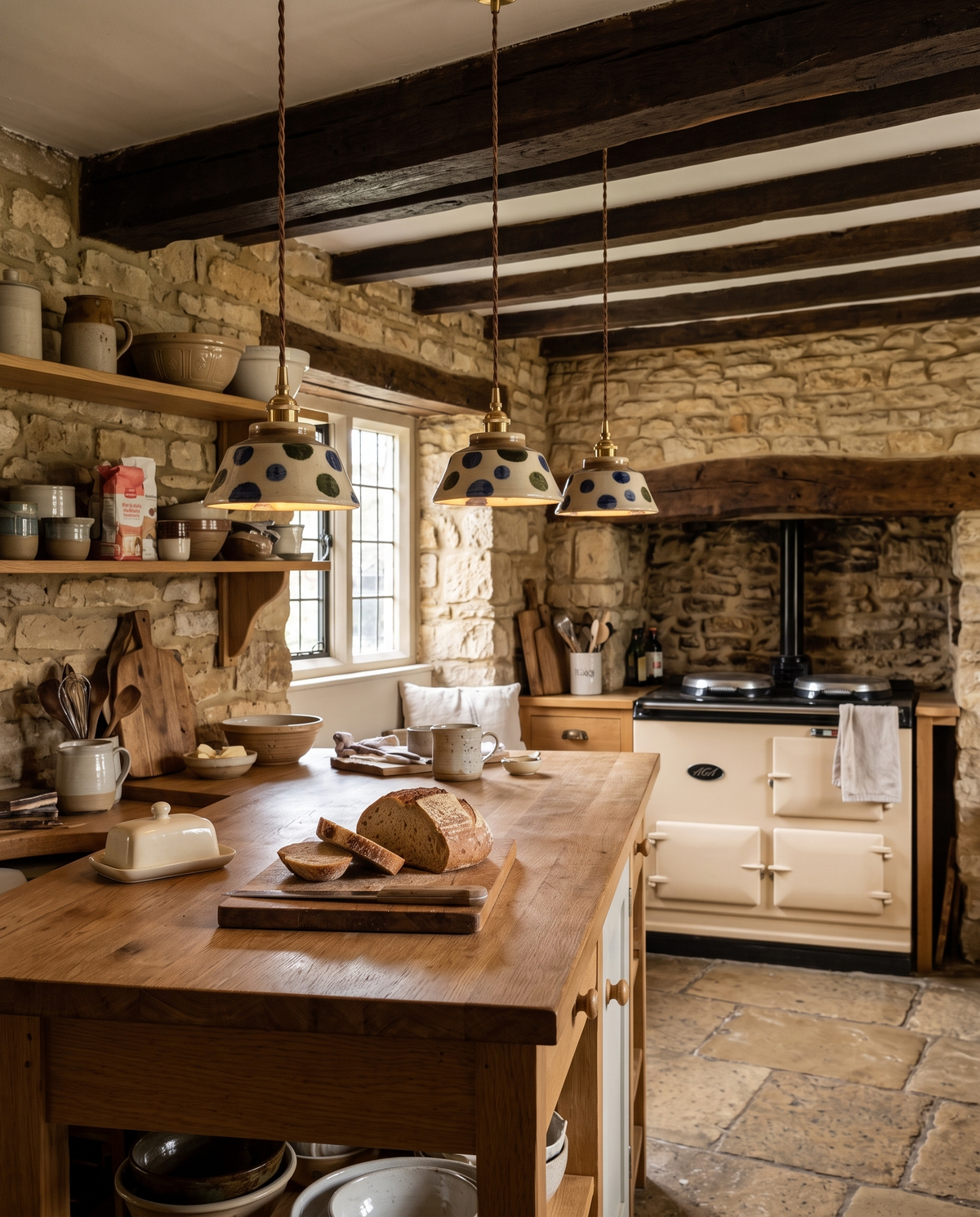 The Kiln hand-painted ceramic pendant – Kitchen shelves, Cotswold farmhouse