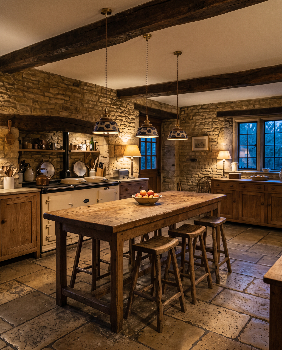 The Kiln hand-painted ceramic pendant – Three over a kitchen island, Cotswold farmhouse
