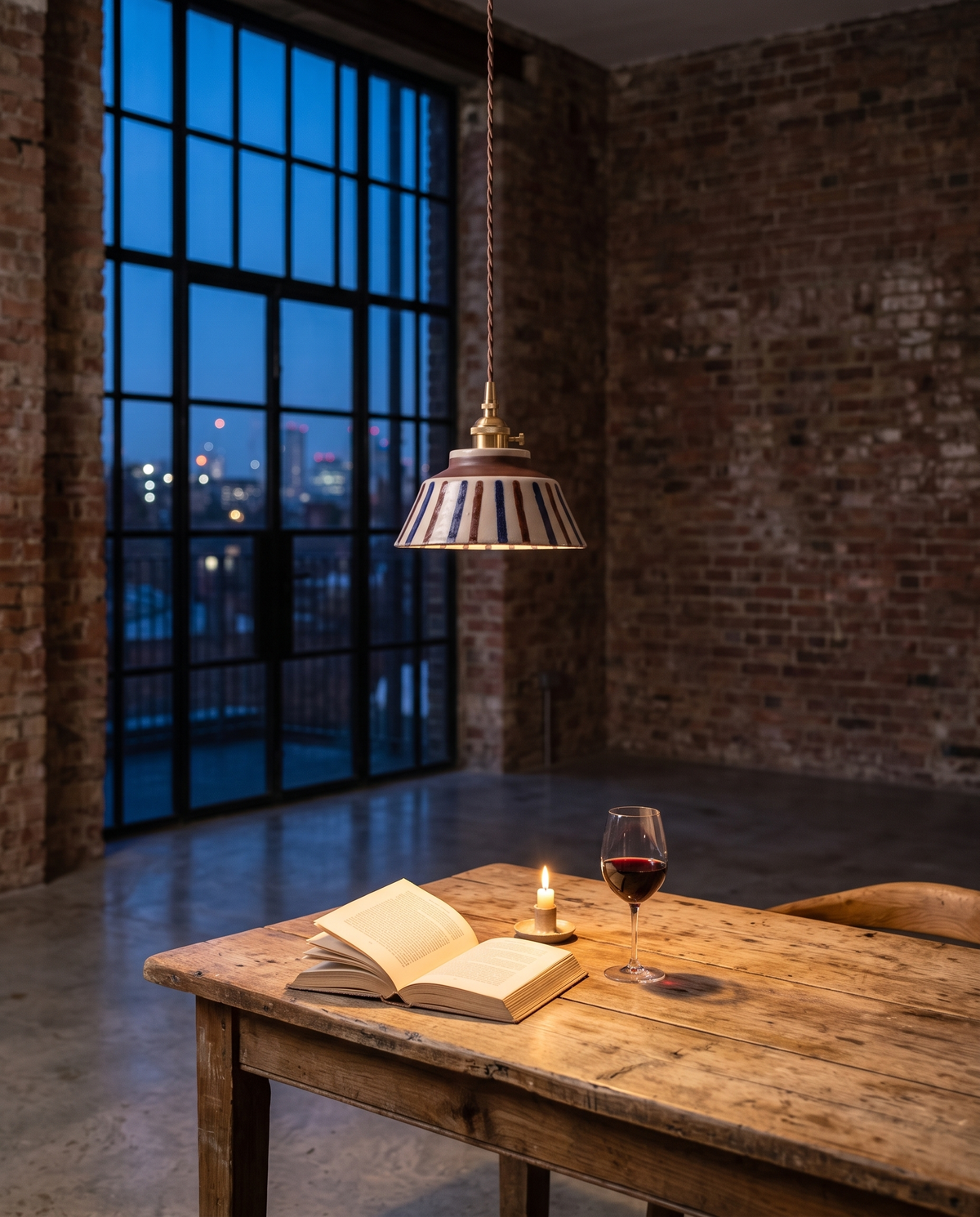 The Kiln hand-painted ceramic pendant – Dining table at blue hour, London warehouse loft