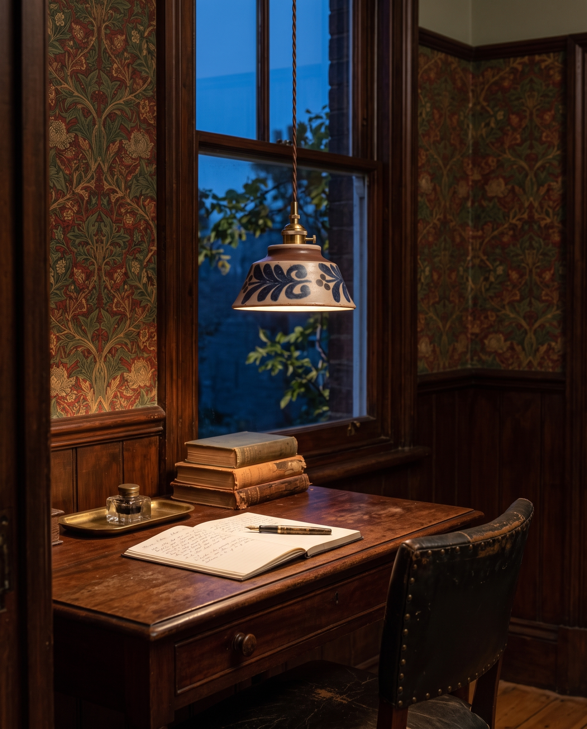 The Kiln hand-painted ceramic pendant – Study, Victorian house with Morris wallpaper