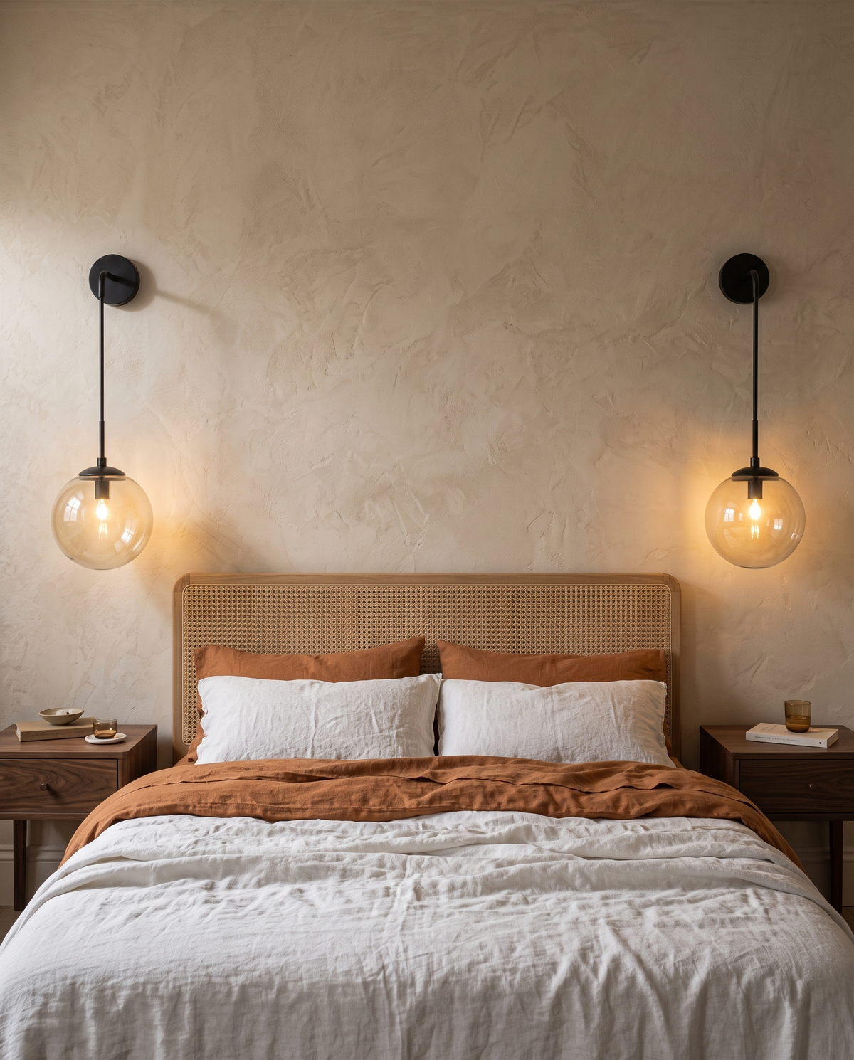 A pair of Lantern wall lights in black with amber glass globes either side of a caned bed