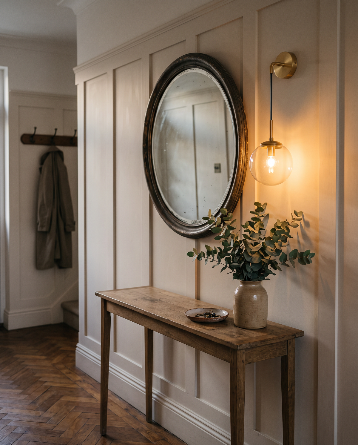 The Lantern wall light in brass with a clear globe beside a round mirror in a hallway