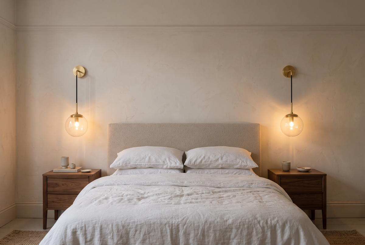 A pair of Lantern wall lights in brass with clear globes either side of a bed