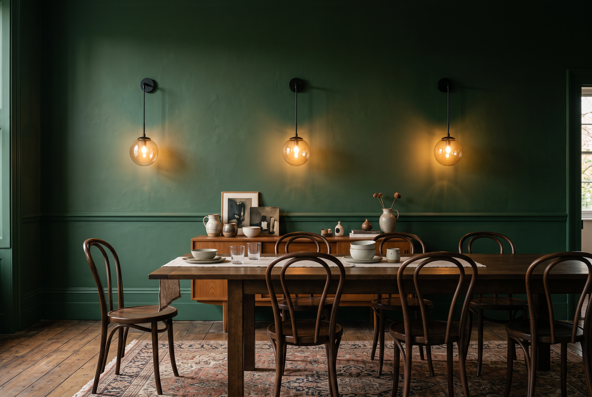 Three Lantern wall lights in black with amber globes along a green dining room wall