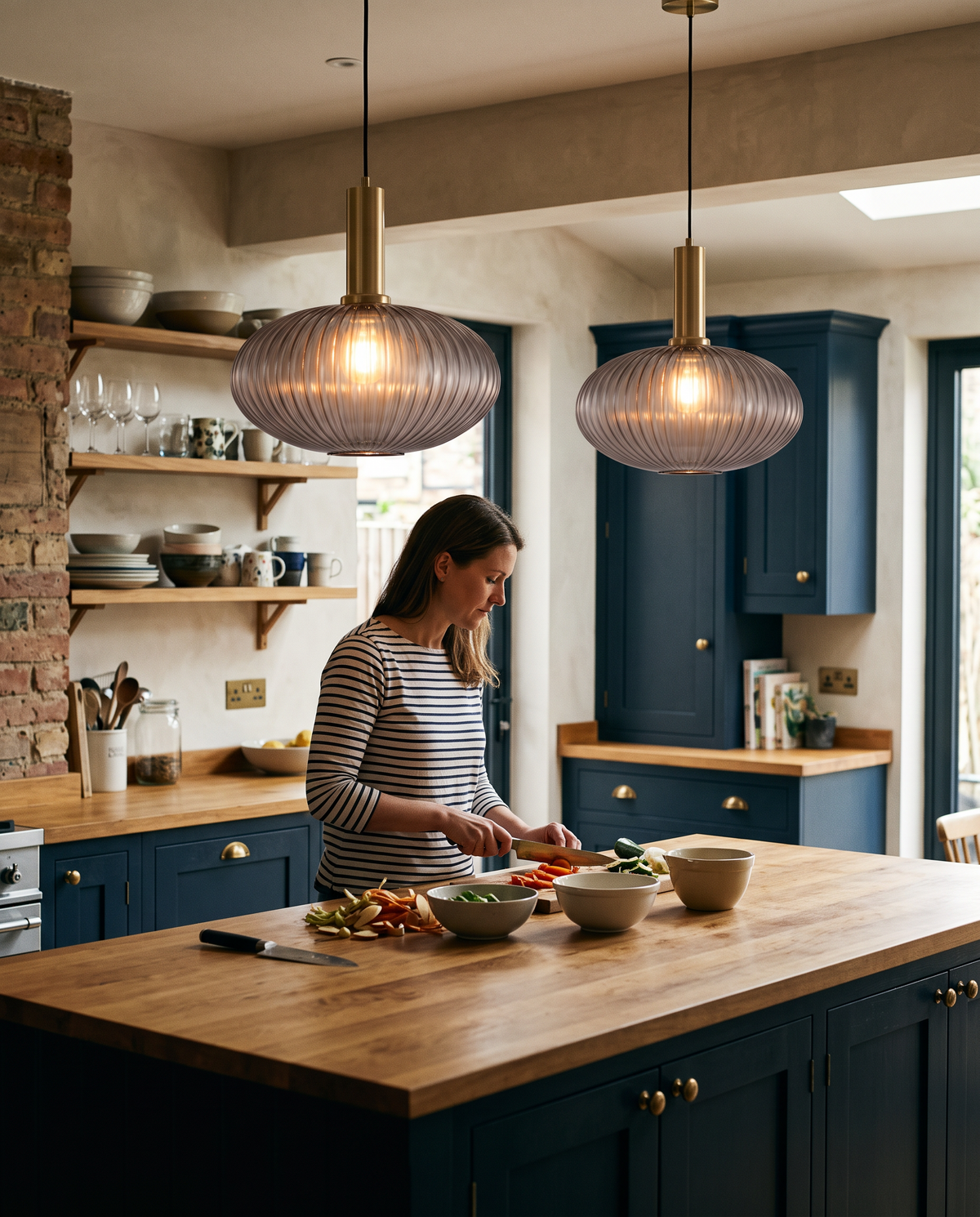 A woman cooking under two smoke Larder drums in a navy kitchen