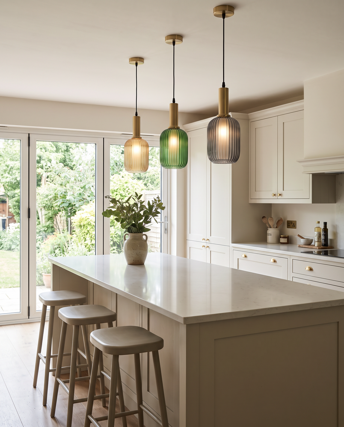Three slim Larder pendants in amber, green and smoke over a kitchen island