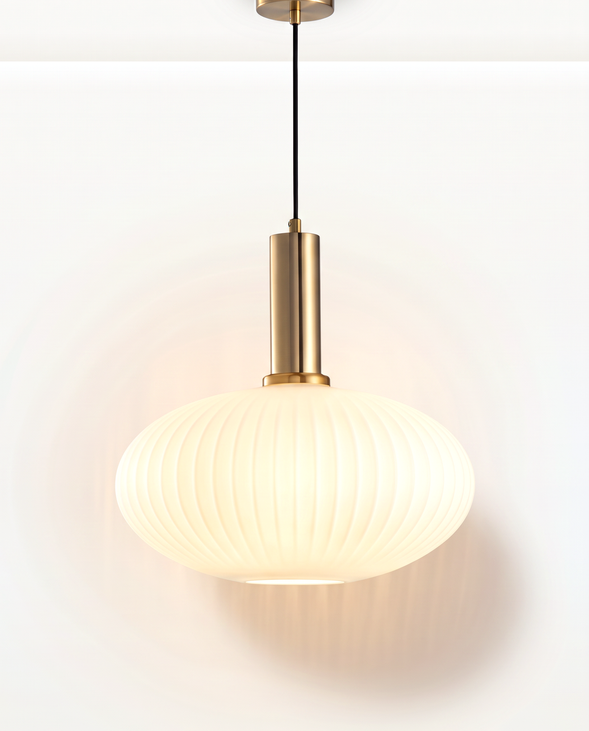 The Larder Pendant, drum, in opal ribbed glass
