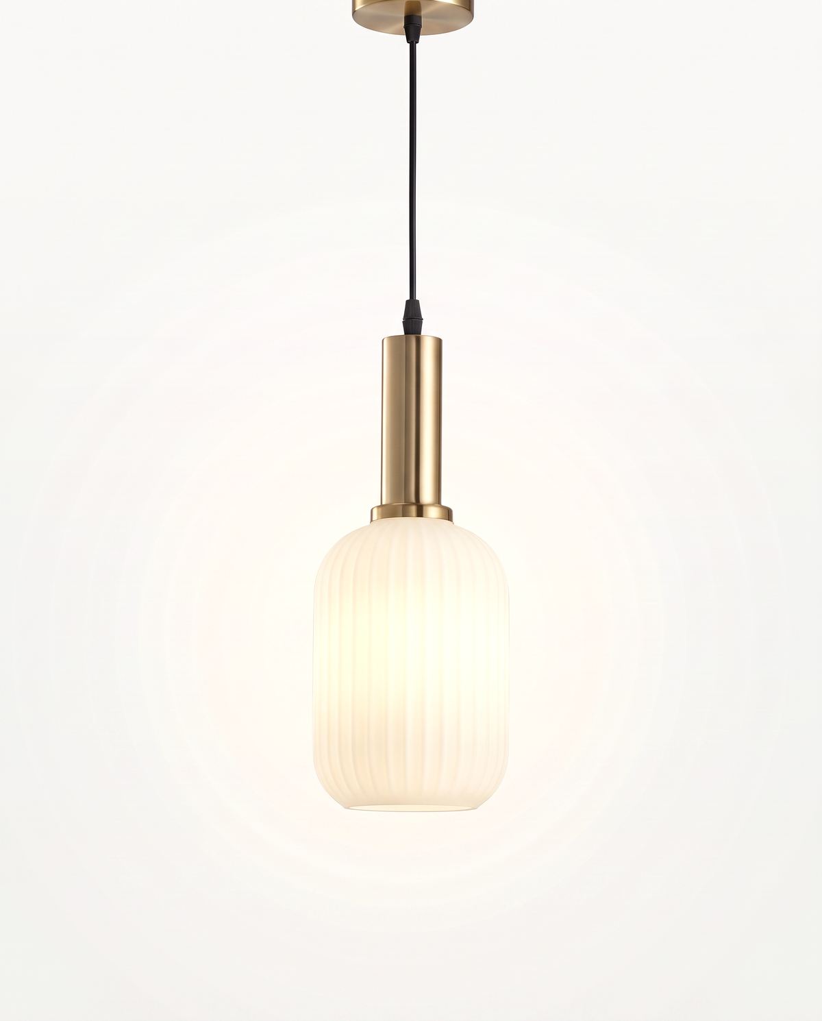 The Larder Pendant, slim, in opal ribbed glass