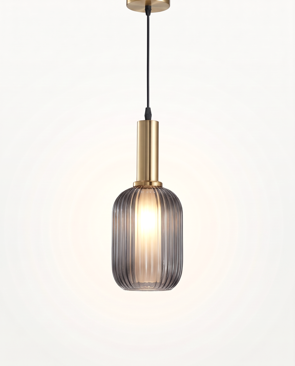 The Larder Pendant, slim, in smoke ribbed glass