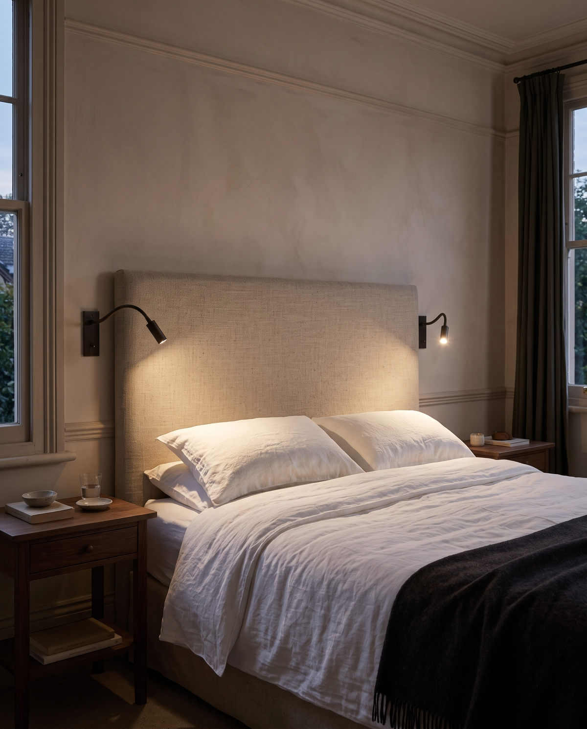 A pair of Lecterns either side of a linen headboard