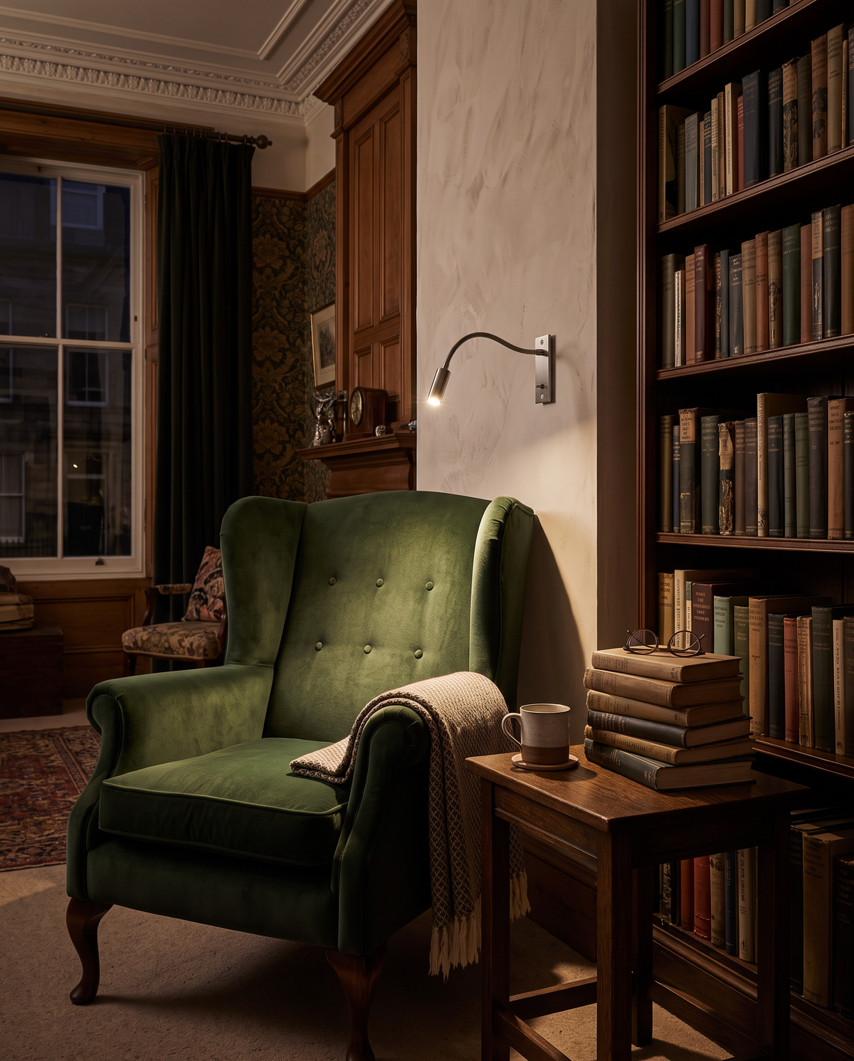 The Lectern in nickel above a velvet wingback chair