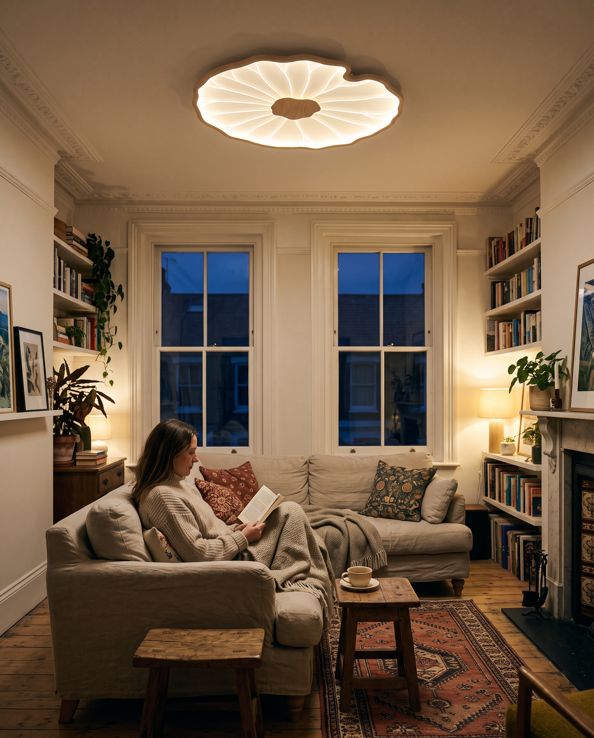 Reading on the sofa under a Lilypad ceiling light