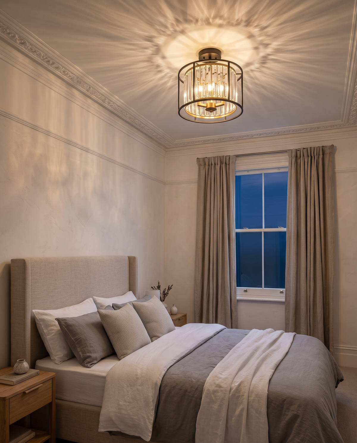 The Lustre sparkling on the ceiling of a calm bedroom