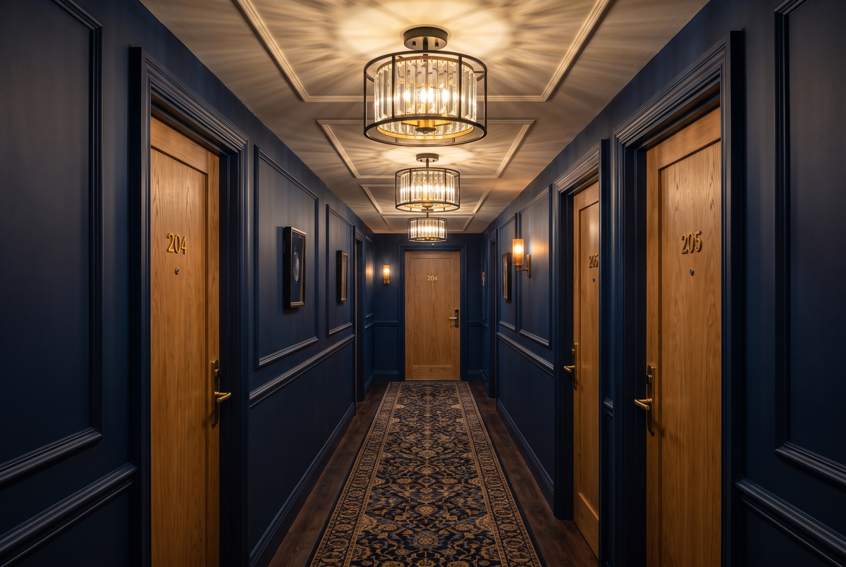Lustre ceiling lights along a hotel corridor