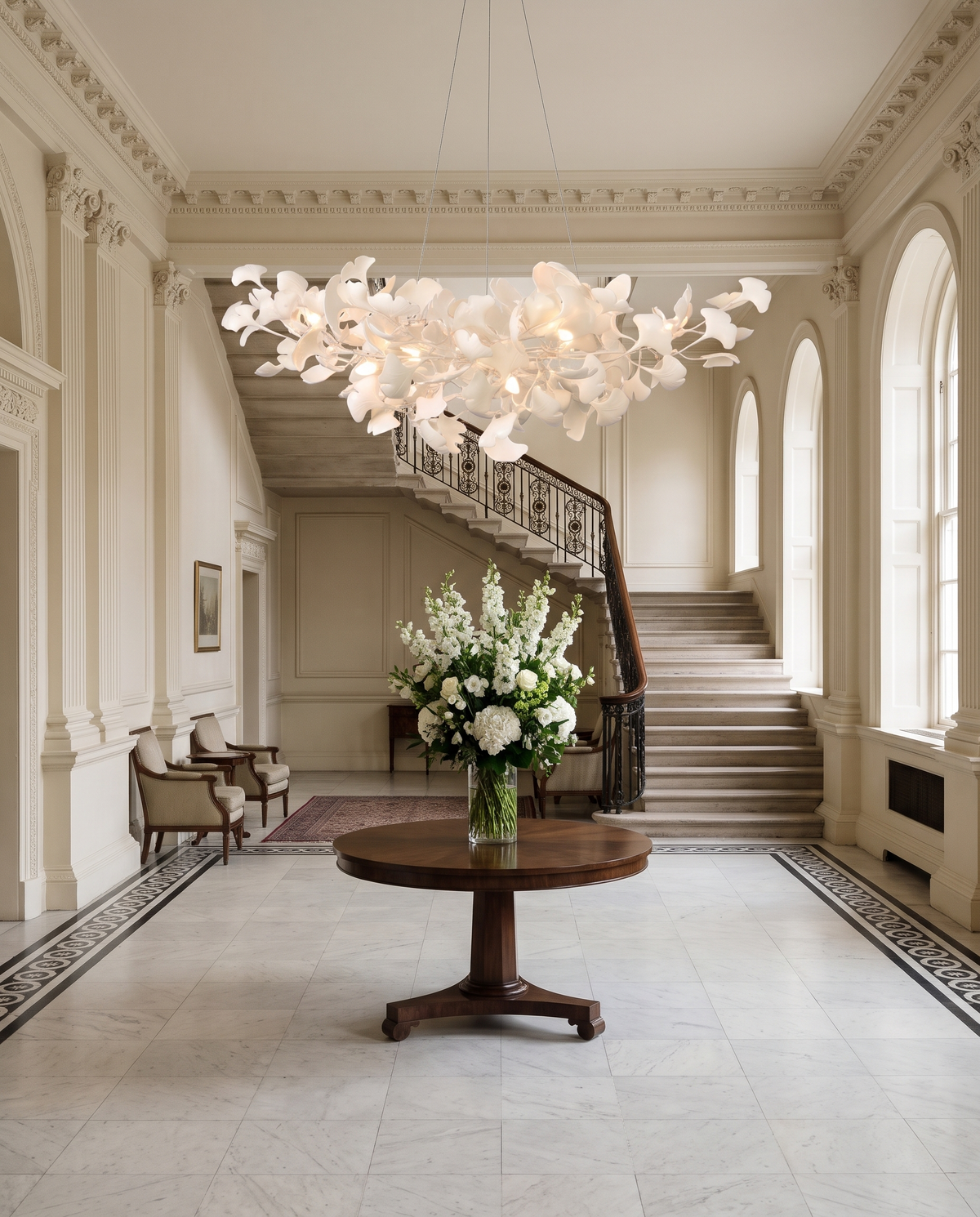 The Maidenhair in Chalk above a round table in the marble lobby of a London hotel
