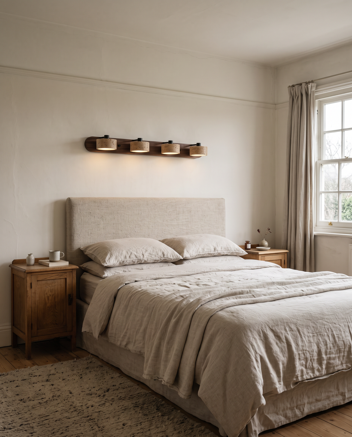 The Mantel with four lights above a bed in a 1930s bedroom