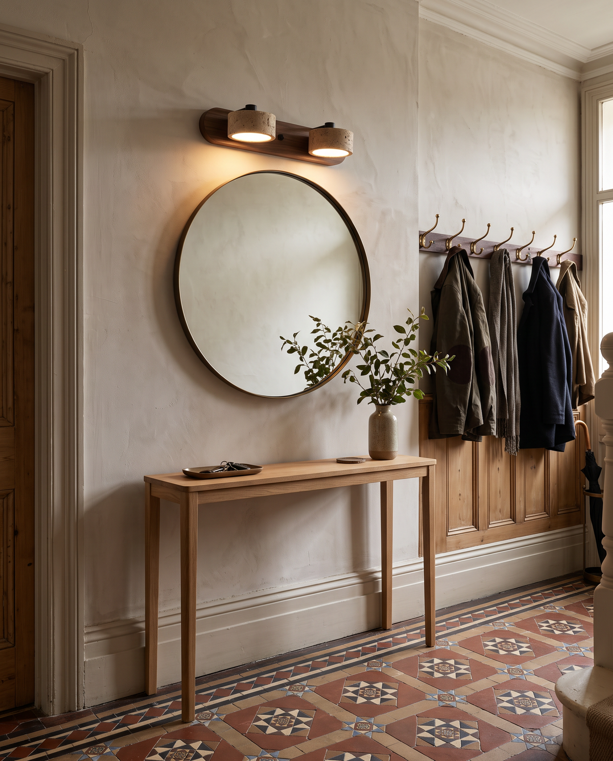 The Mantel above a round mirror in an Edwardian hall