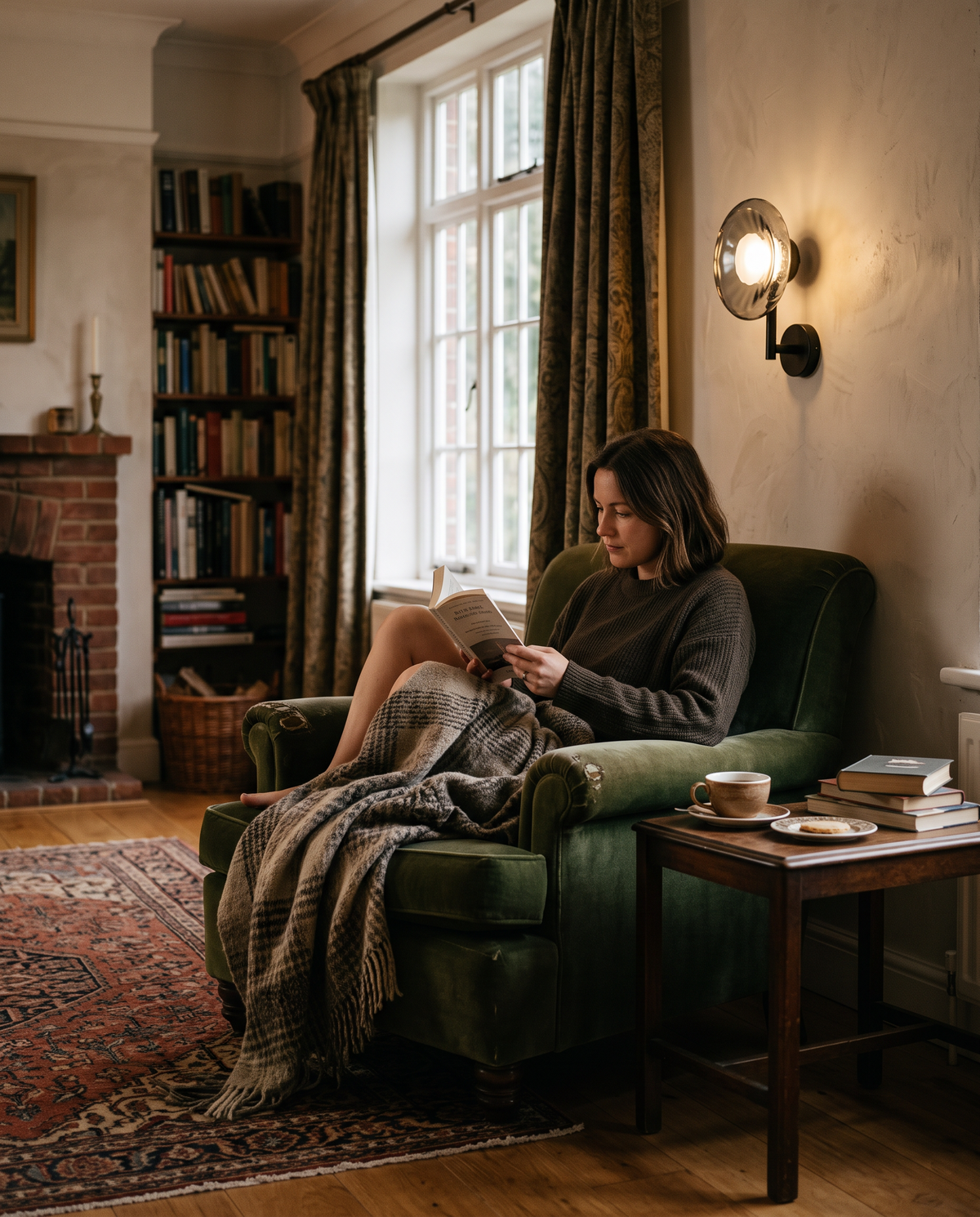 A woman reading in a velvet armchair under a single-disc Monocle