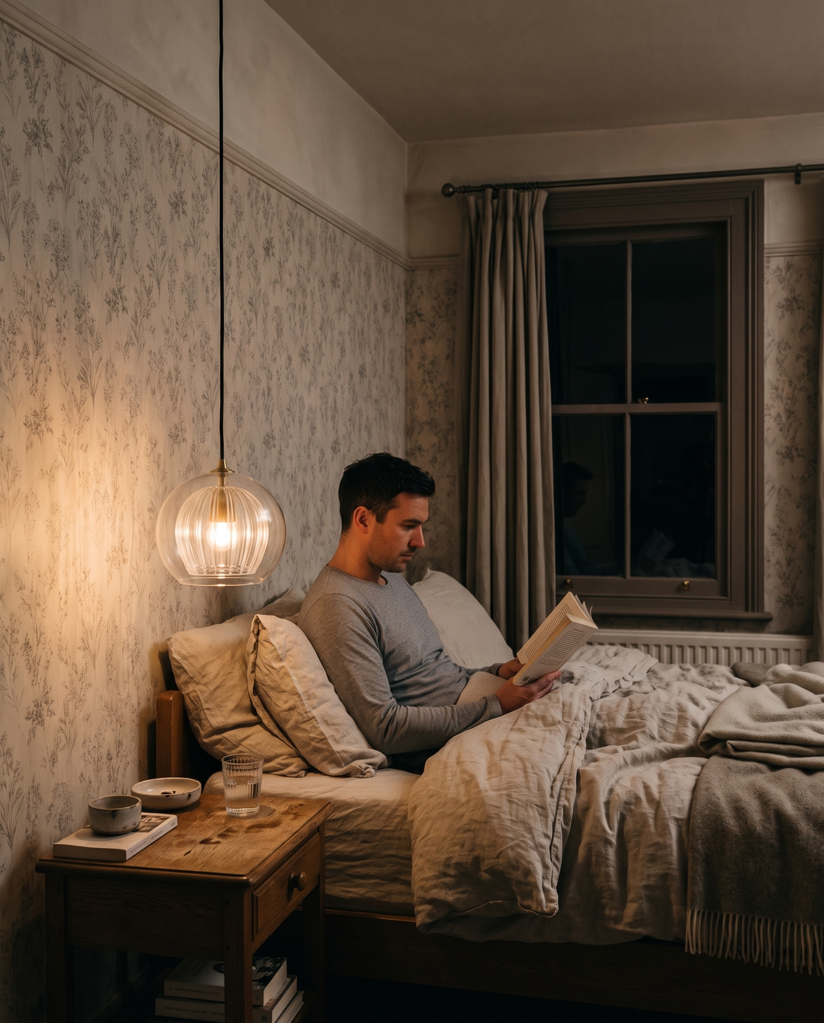A man reading in bed beside a 15 cm Nest hung as a bedside light
