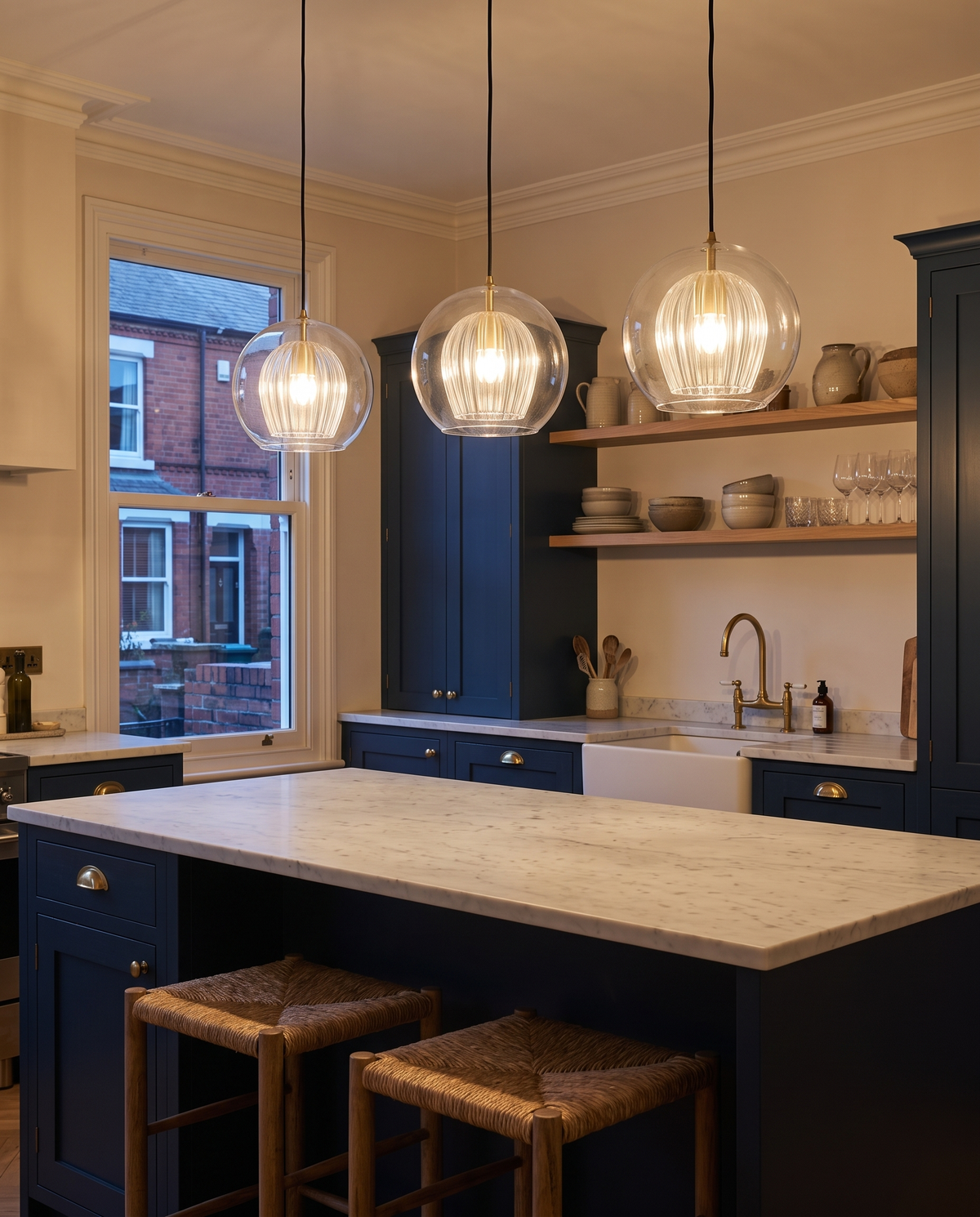 Three clear Nest pendants over a marble kitchen island