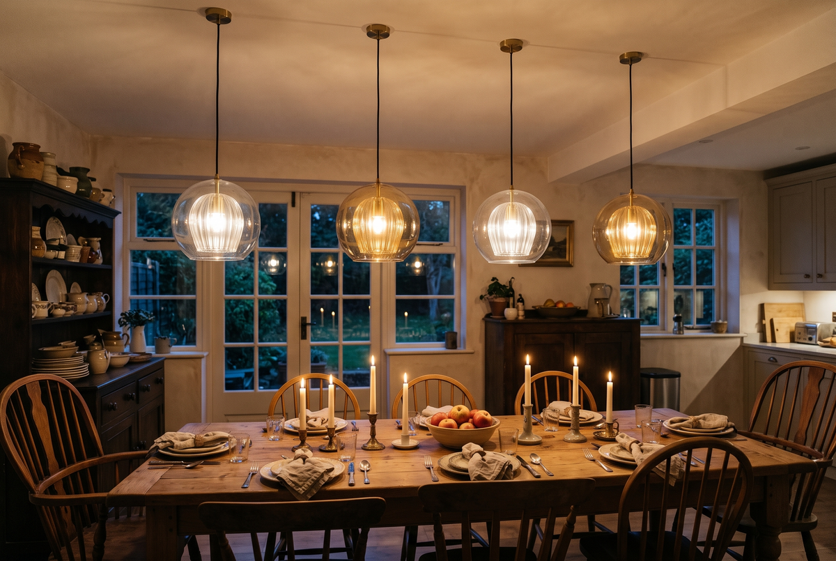 Clear and amber Nest pendants over a long table in a 1930s kitchen-diner