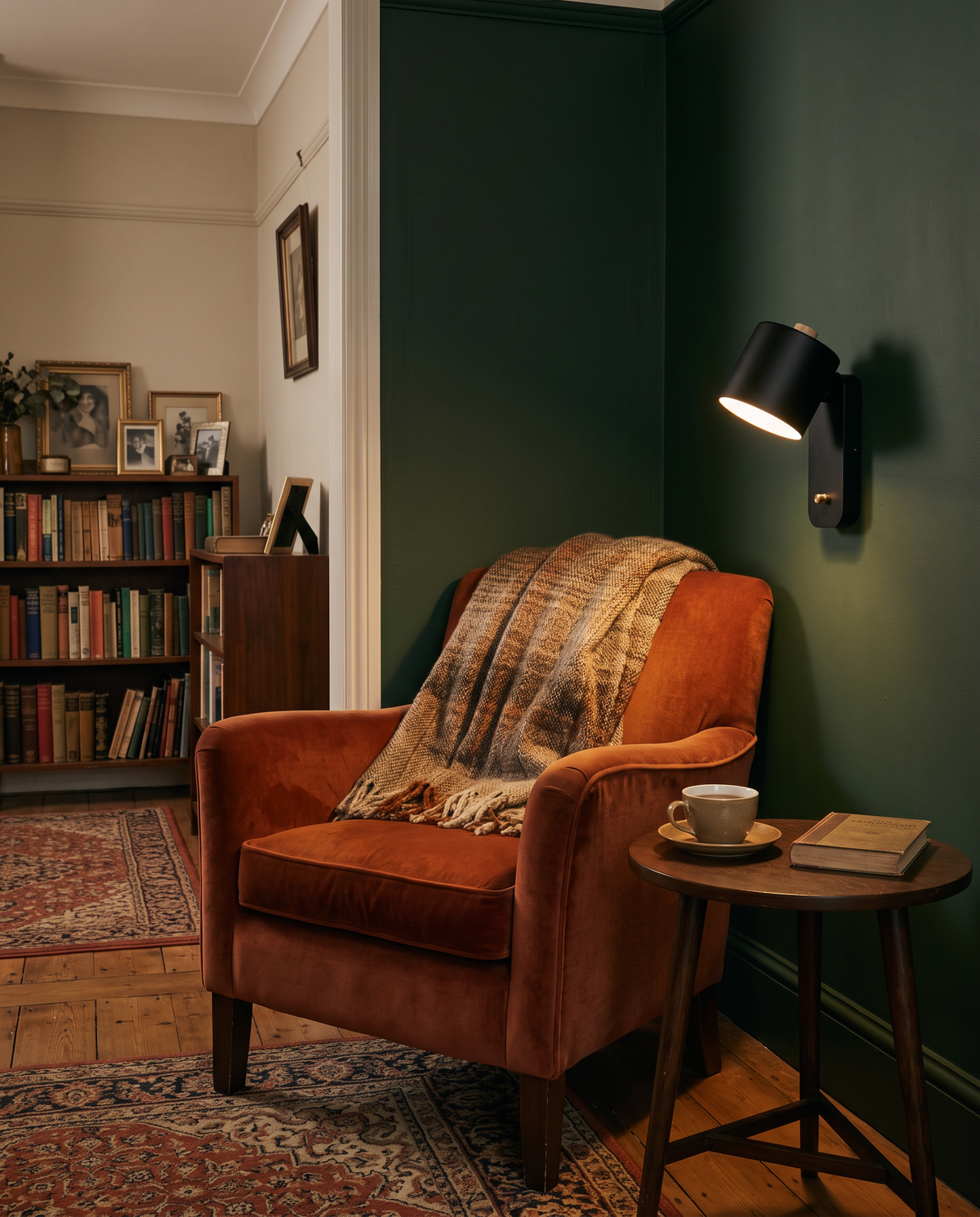 The Nightcap in Jet beside a velvet armchair in a reading corner