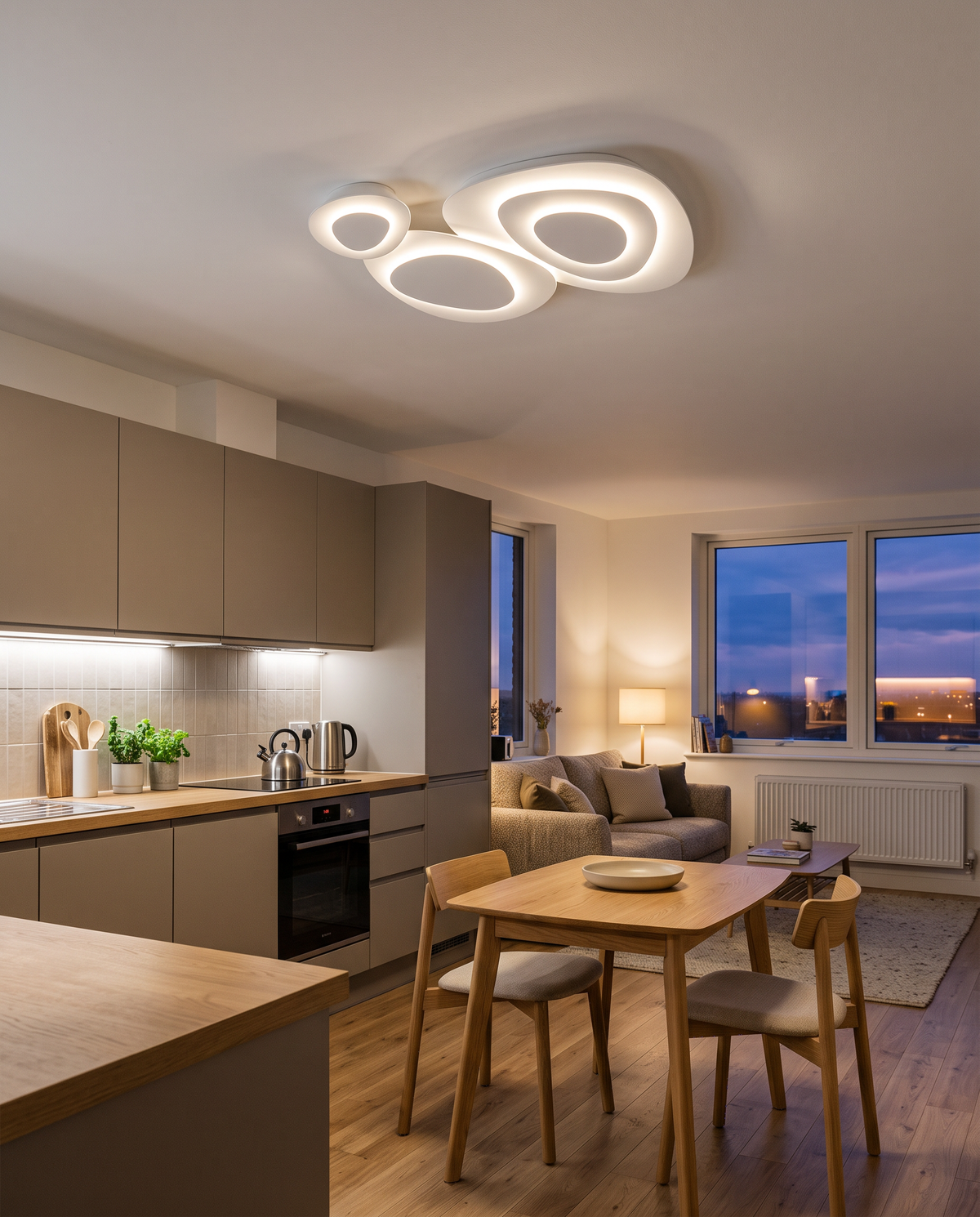 The Nimbus cloud ceiling light above a dining table in an open-plan kitchen