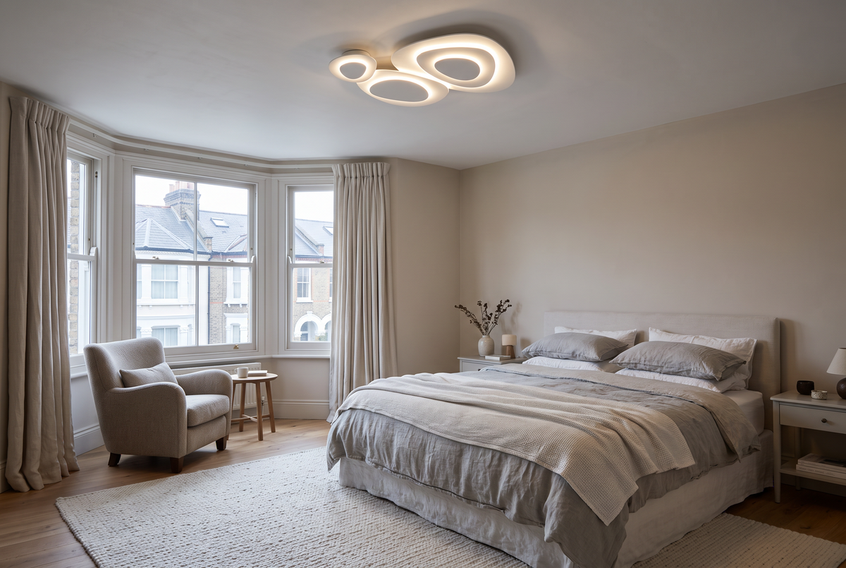 The Nimbus cloud ceiling light above a bed in a bay-windowed bedroom