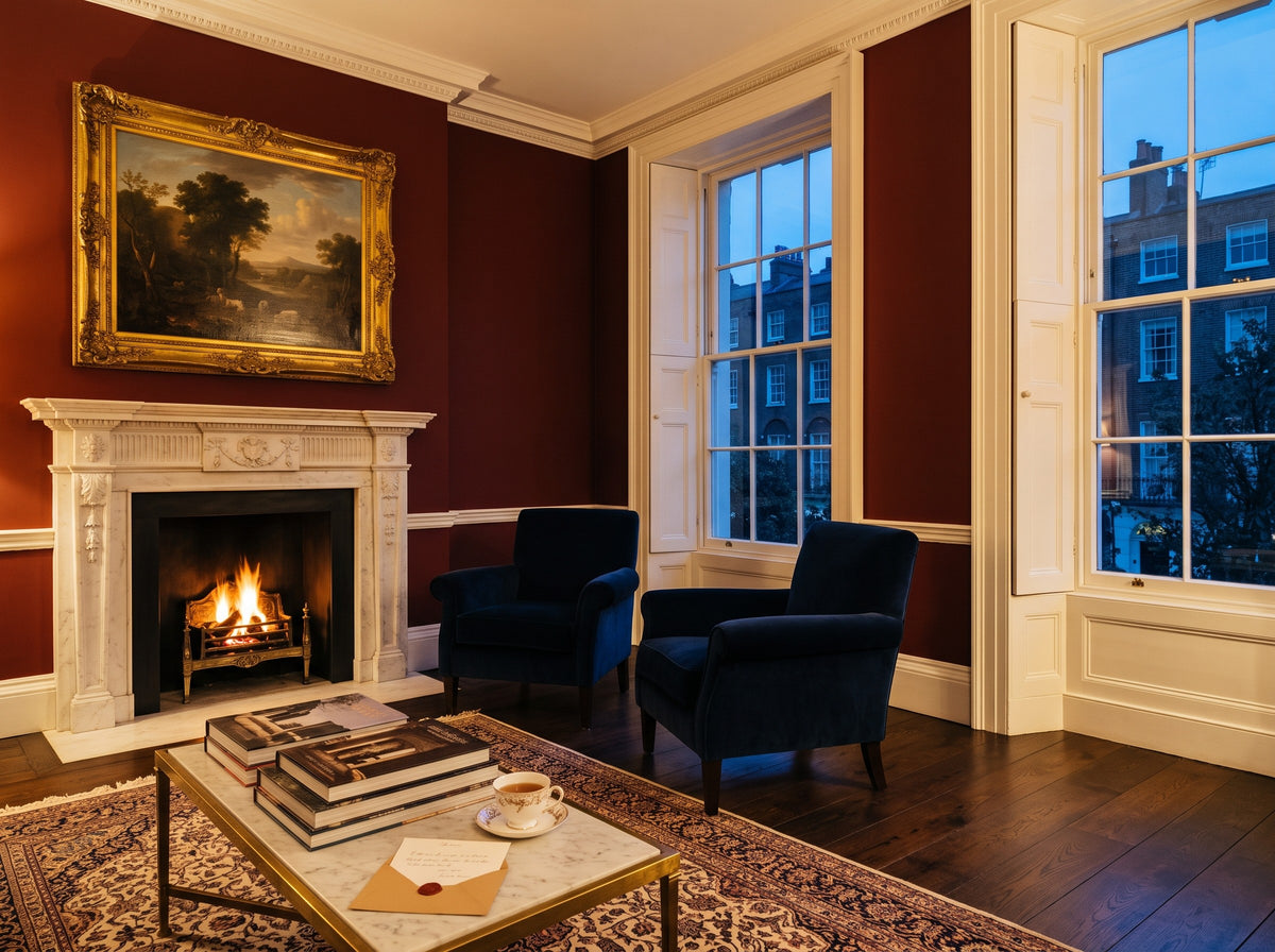 A Georgian drawing room in deep red with a lit marble fireplace, navy velvet armchairs and a handwritten card on the coffee table, at dusk