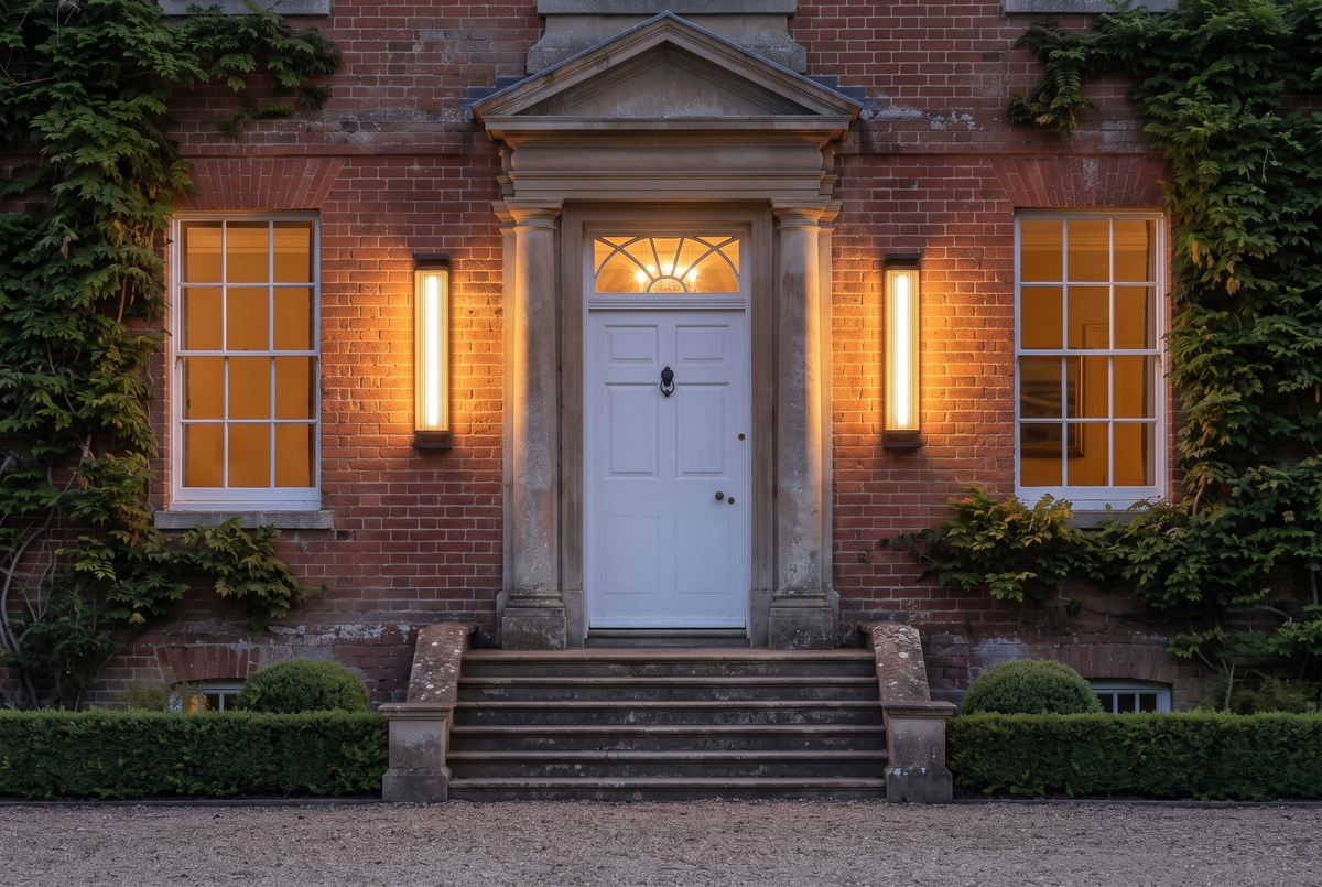 Two Obelisk lights either side of a Georgian front door at dusk