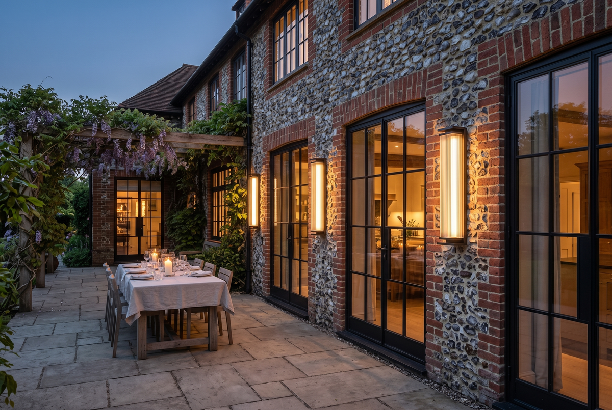 Obelisk lights on the flint wall of a Sussex farmhouse terrace
