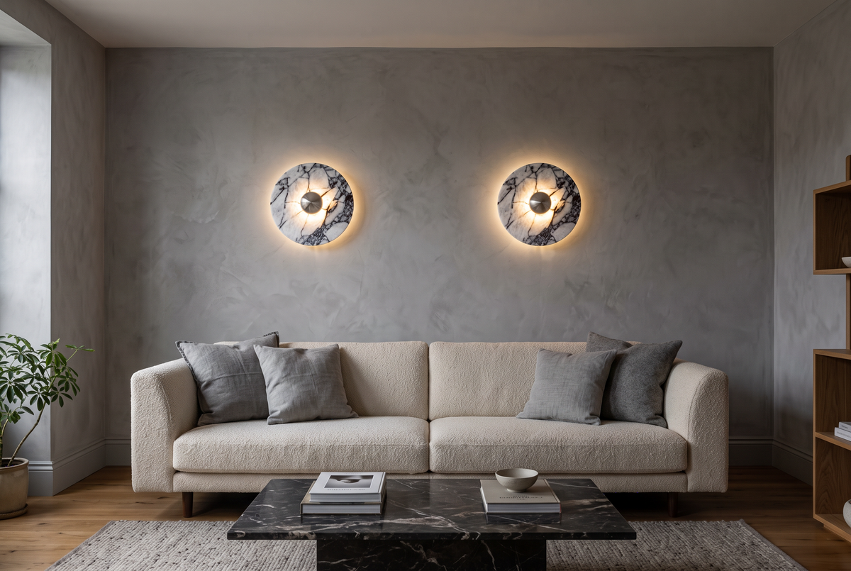 A pair of Orb marble wall lights in silver above a cream sofa