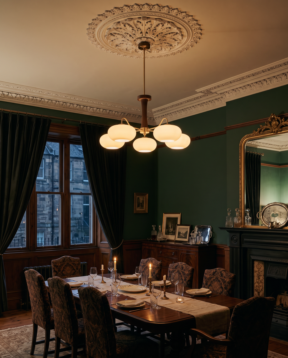 The Orchard over a walnut dining table in a Victorian dining room