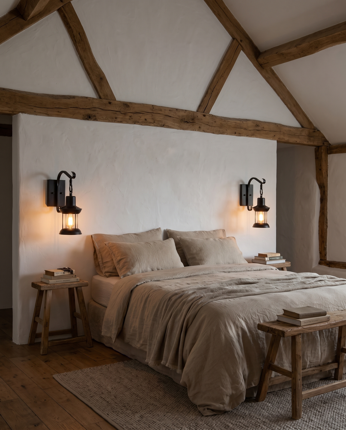 A pair of Ostlers in Jet either side of a bed in a barn conversion