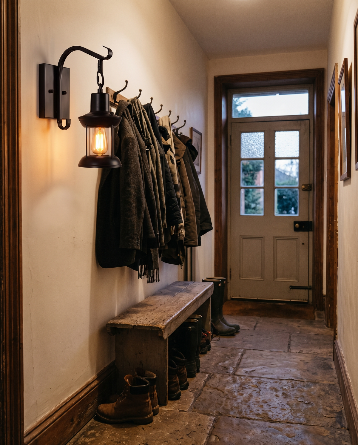 The Ostler in Jet beside the coat hooks of a cottage hallway