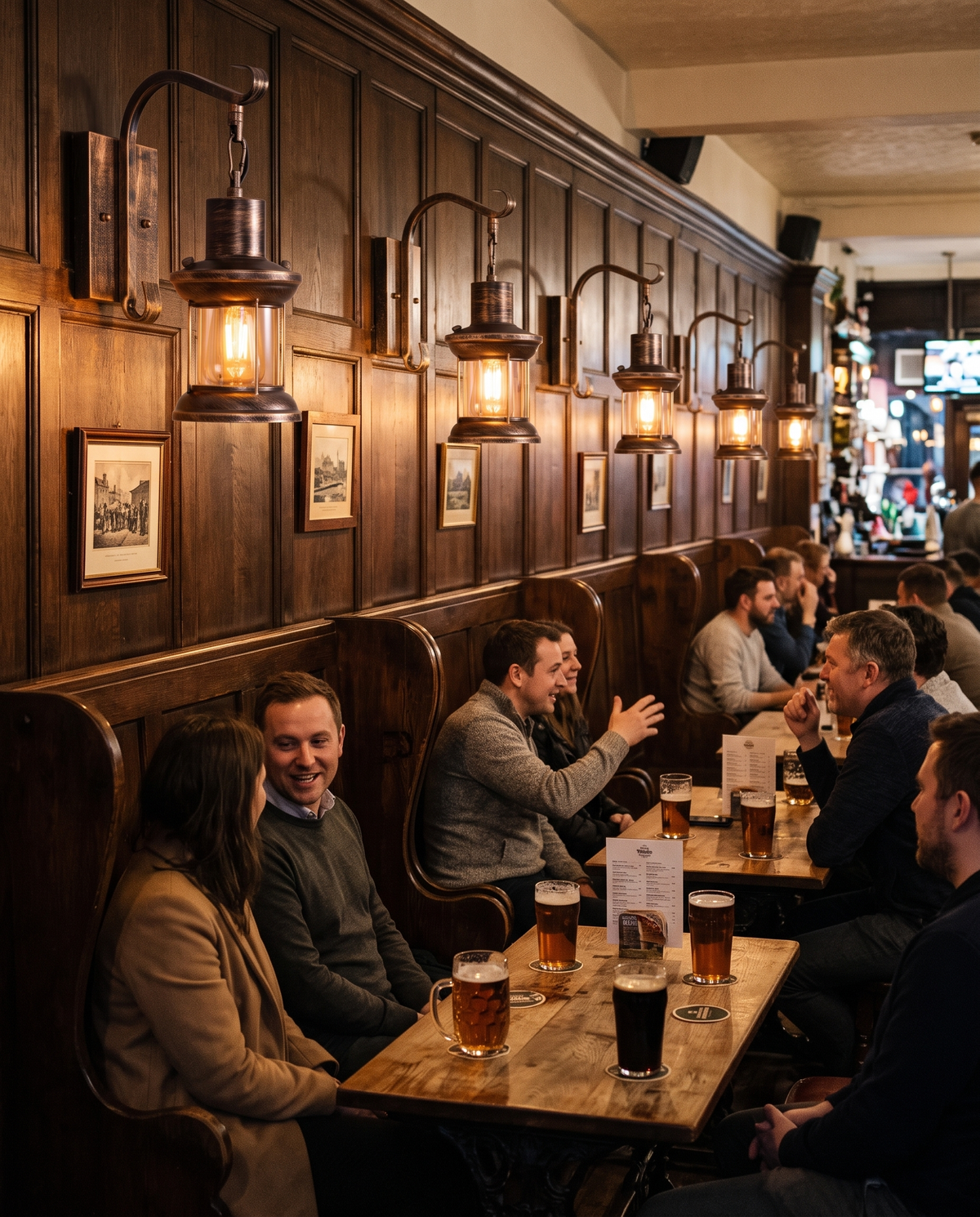 A row of Ostlers above the wooden booths of a British pub