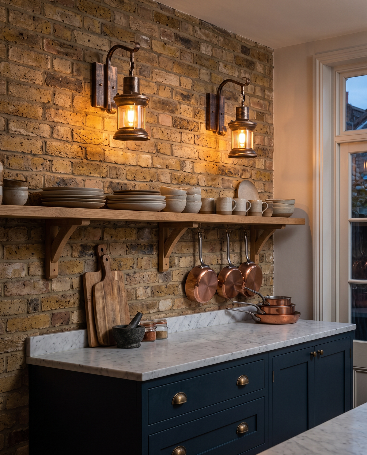 A pair of Ostlers above open shelving in a Victorian terrace kitchen