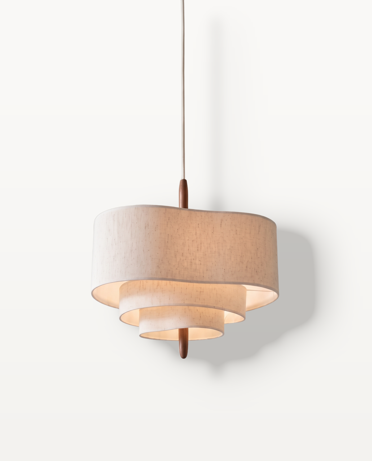 The Pagoda Pendant – 45 cm, three-tier beige fabric shade on a wooden stem