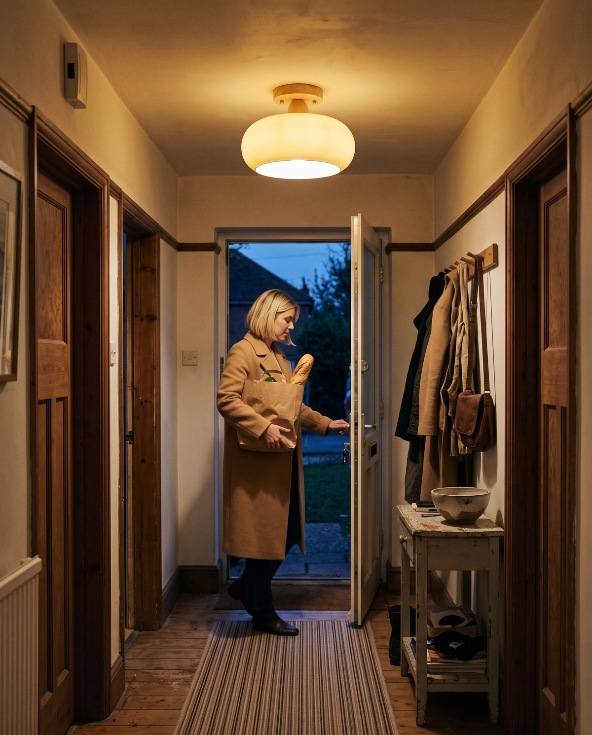 A woman arriving home under The Pebble in a hallway